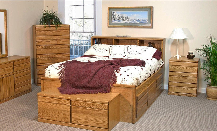 Contemporary Oak High Pedestal Bed W Drawers And Bookcase